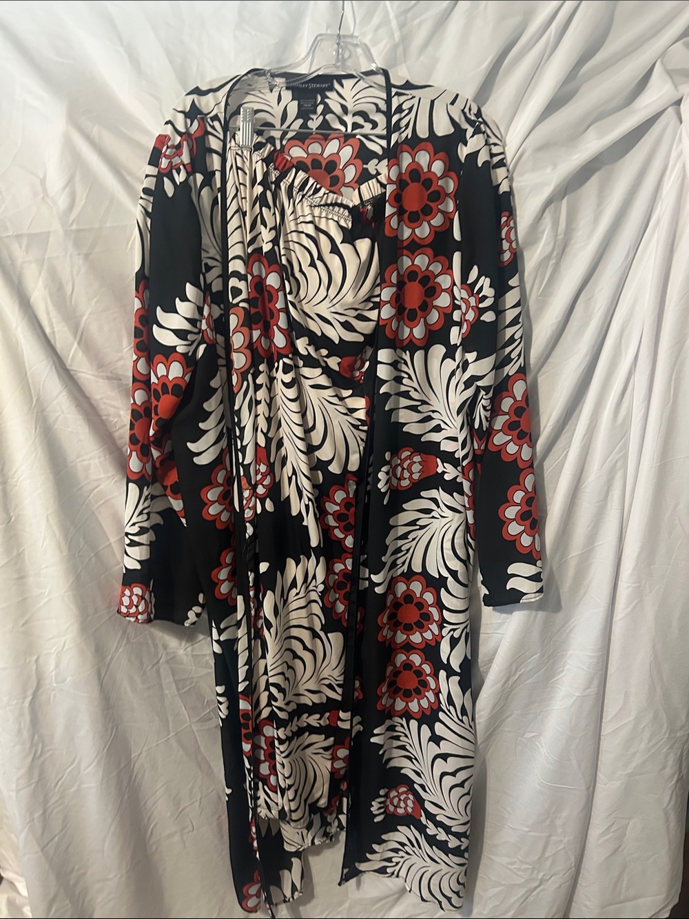 Ashley Stewart Black White Red Floral Duster